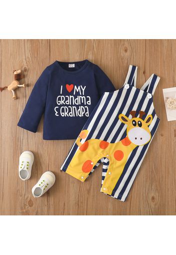 2pcs Baby Boy/Girl 95% Cotton Long-sleeve Letter Print T-shirt and Cartoon Giraffe Print Striped Overalls Set