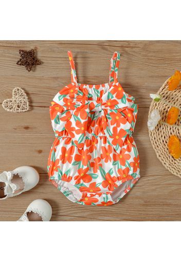 Baby Girl All Over Floral Print Spaghetti Strap Bowknot Romper