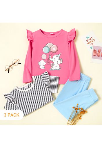 3-Pack Toddler Girl Graphic Elephant and Balloon Print Ruffled Long-sleeve Tee & Striped Short-sleeve Tee & Pants Set