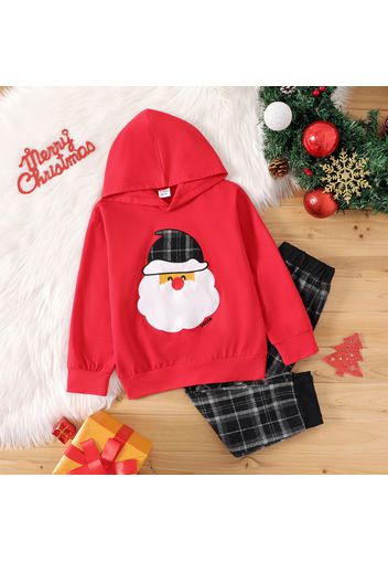 2-piece Kid Boy Christmas Santa Embroidered Hoodie Sweatshirt and Plaid Pants Set