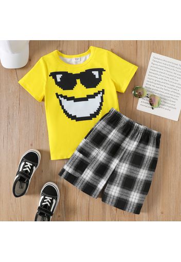 2pcs Kid Girl Emoji Print Short-sleeve Yellow Tee and Plaid Pocket Design Shorts Set