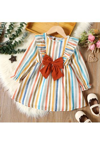 Toddler Girl Stripe Ruffled Bowknot Design Long-sleeve Dress