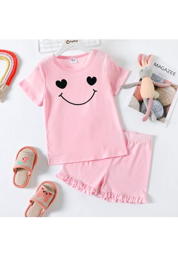 2-piece Kid Girl Smile Print Short-sleeve Tee and Ruffled Elasticized Shorts Set