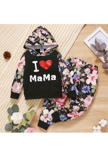 2-piece Toddler Girl Letter Heart Floral Print Hoodie Sweatshirt and Pants Set