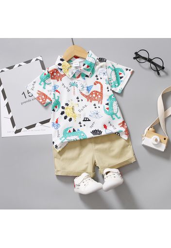 2pcs Toddler Boy Playful Dinosaur Print Polo Shirt and Shorts Set