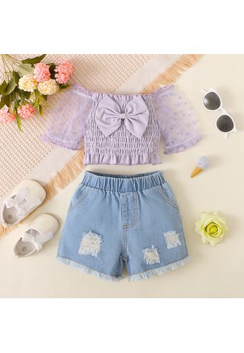 2pcs Baby Girl 95% Cotton Frayed Raw Hem Ripped Denim Shorts and Bow Front Off Shoulder Mesh Half-sleeve Shirred Crop Top Set