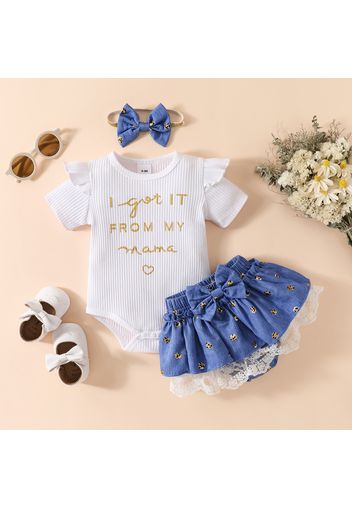 3pcs Baby Girl Letter Print Ruffle Short-sleeve Romper ans Lace Layered Skirted Shorts with Headband Set