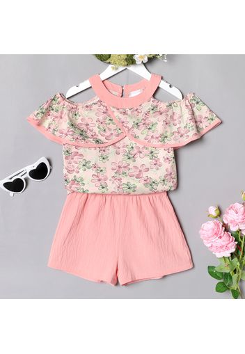 2-piece Kid Girl Floral Print Cold Shoulder Short-sleeve Top and Solid Color Shorts Set