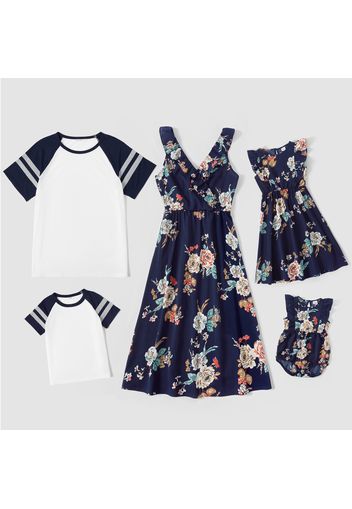 Family Matching All Over Floral Print Ruffle Deep V Neck Sleeveless Dresses and Raglan-sleeve T-shirts Sets