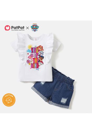 Paw Patrol 2pcs Toddler Girl Ruffled Letter Floral Print Short-sleeve White Cotton Tee and Ripped Denim Shorts Set