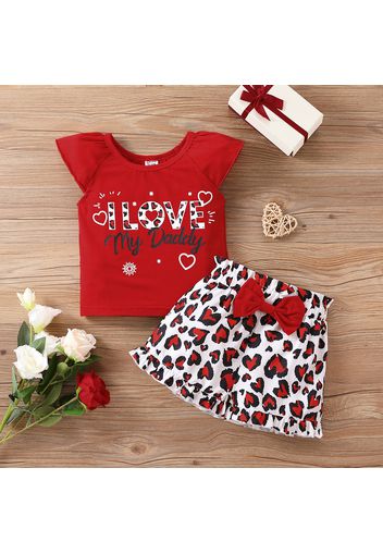 2pcs Toddler Girl Letter Print Flutter-sleeve Red Tee and Bowknot Design Leopard Print Shorts Set