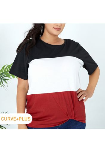 Women Plus Size Casual Twist Front Colorblock T-shirt