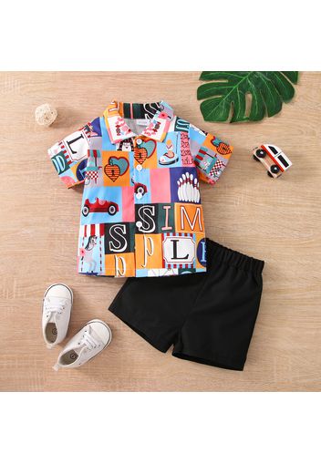 2pcs Baby Boy All Over Print Short-sleeve Button Up Shirt and Solid Shorts Set