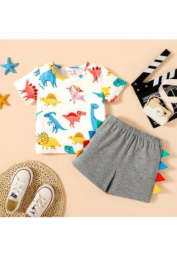 2pcs Toddler Boy Dino Allover Short-sleeve White T-shirt Top and Colorful 3D Serrtion Decor Grey Shorts Toddler Set