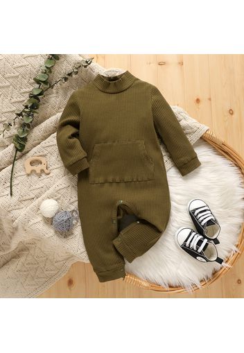 Baby Boy/Girl Solid Rib Knit Mock Neck Long-sleeve Jumpsuit with Pocket