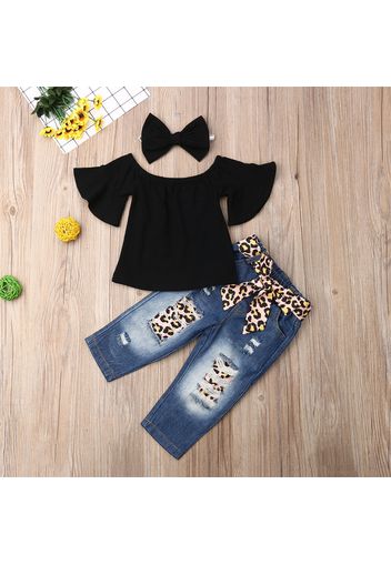 3-piece Baby Solid Flutter-sleeve Off Shoulder Top and Leopard Print Bowknot Nine-minute Jeans Set