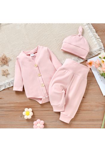 3pcs Baby Boy/Girl Long-sleeve Button Down Romper with Trousers and Hat Set