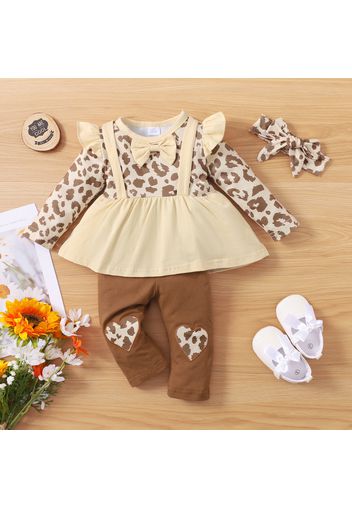 3pcs Baby Leopard Splicing Long-sleeve Cotton Faux-two Top and Trousers Set