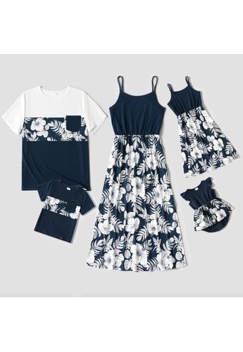 Family Matching Dark Blue Spaghetti Strap Splicing Floral Print Dresses and Colorblock Short-sleeve T-shirts Sets