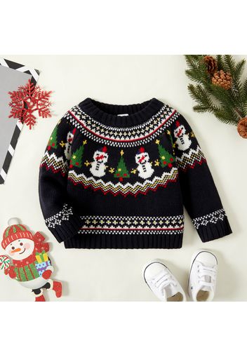 Christmas Tree and Snowman Pattern Black Baby Boy/Girl Long-sleeve Knitted Sweater