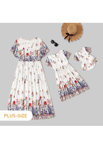 Floral Print V-neck Ruffle-sleeve Matching Vintage Dresses