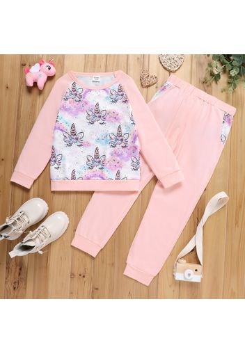 2-piece Kid Girl Unicorn Print Raglan Sleeve Sweatshirt and Pink Pants Set