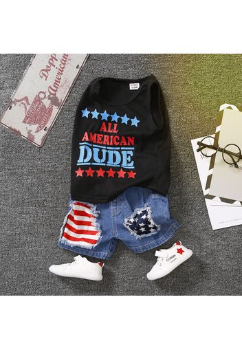 Independence Day 2pcs Toddler Boy Trendy Ripped Denim Shorts and Letter Print Sleeveless Tee Set