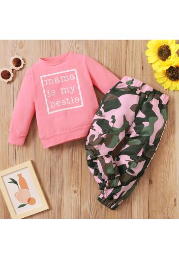 2-piece Toddler Girl Letter Print Pullover Sweatshirt and Camouflage Pants Set