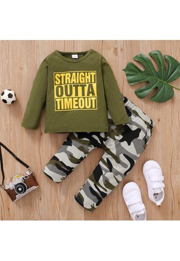 Baby 2pcs Letters Print Black Long-sleeve T-shirt and Camouflage Trouser Set