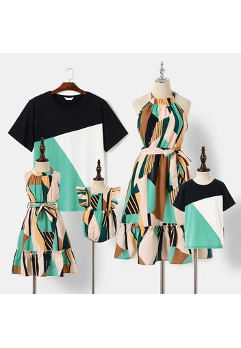 Family Matching Allover Geo Print Halter Neck Belted Dresses and Colorblock Short-sleeve T-shirts Sets