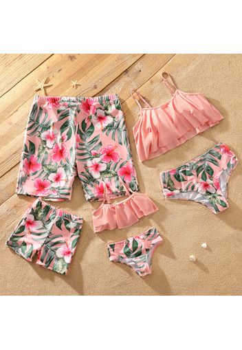 Family Matching All Over Pink Floral Print Two Piece Swimsuits