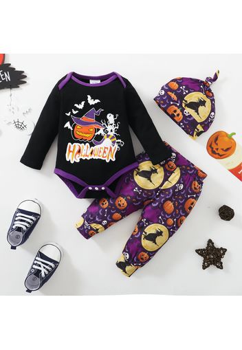 Baby 3pcs Halloween Letter Pumpkin and Wizard Print Long-sleeve Romper Set