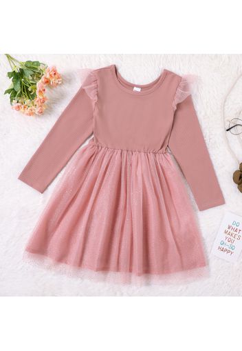 Kid Girl Mesh Splice Long-sleeve Pink Dress