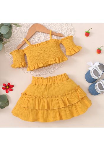 100% Cotton Crepe 2pcs Baby Girl Cold Shoulder Spaghetti Strap Bell Sleeve Shirred Crop Top and Layered Skirt Set