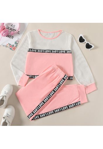 2-piece Kid Girl Letter Print Mesh Design Colorblock Long-sleeve Top and Elasticized Pants Set