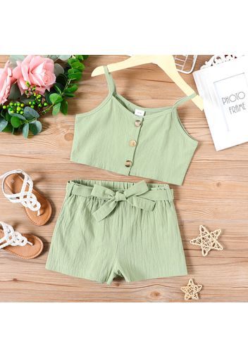 2-piece Kid Girl 100% Cotton Solid Color Button Design Camisole and Belted Shorts Set