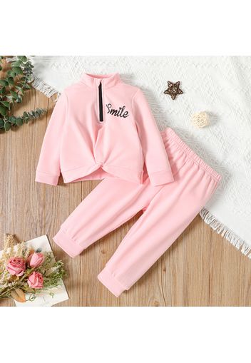 2pcs Baby Girl Letter Print Pink Twist Knot Long-sleeve Sweatshirt and Sweatpants Set