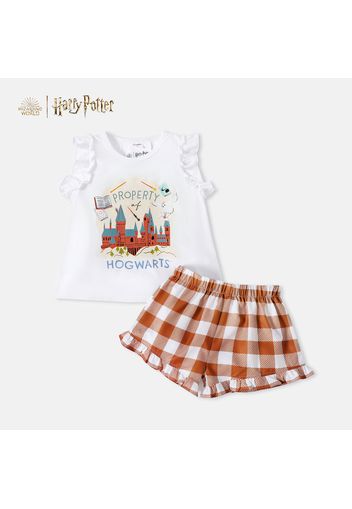 Harry Potter 2pcs Toddler Girl Letter Castle Print Ruffled Flutter-sleeve White Tee and Plaid Shorts Set