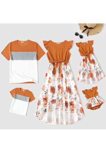 Family Matching Solid Flutter-sleeve Spliced Floral Print Dresses and Colorblock Short-sleeve T-shirts Sets