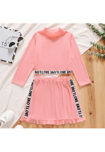 2-piece Kid Girl Letter Print Mock Neck Long-sleeve Top and Ruffled Hem Skirt Set