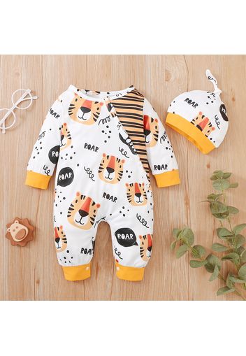 2pcs Baby Boy All Over Cartoon Tiger Print Colorblock Long-sleeve Jumpsuit with Hat Set