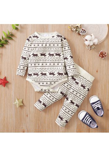 Baby 2pcs Christmas Deer All Over Print Long-sleeve Romper Set