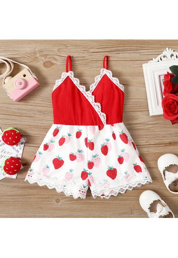 Baby Girl 100% Cotton Solid Splice All Over Strawberry Print Lace Cami Romper