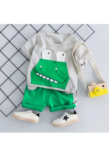 2pcs Toddler Boy Playful Crocodile Print Tee and Colorblock Shorts Set