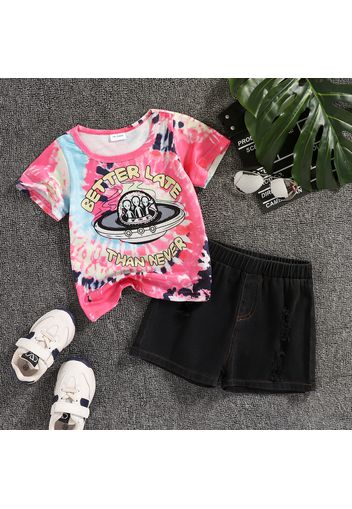 2pcs Toddler Boy Trendy Ripped Denim Shorts and Tie Dyed Letter Print Tee Set