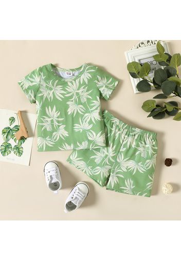 2pcs Baby Boy All Over Leaf Print Green Short-sleeve Tee and Shorts Set