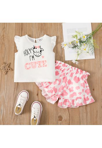 2pcs Toddler Girl Letter Cow Print Flutter-sleeve White Tee and Ruffled Shorts Set