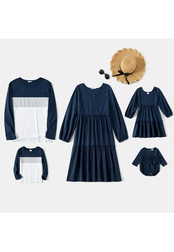 100% Cotton Solid Blue and Colorblock Long-sleeve Family Matching Sets