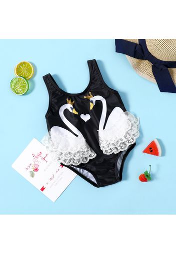 Baby Girl Layered Lace Design Swan Print Sleeveless One-Piece Swimsuit