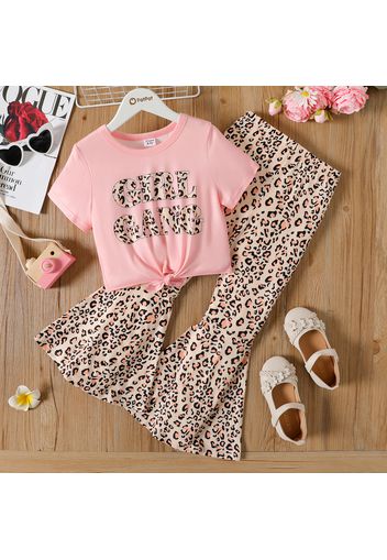 2pcs Kid Girl Letter Print Tie Knot Short-sleeve Pink Tee and Leopard Print Flared Pants Set